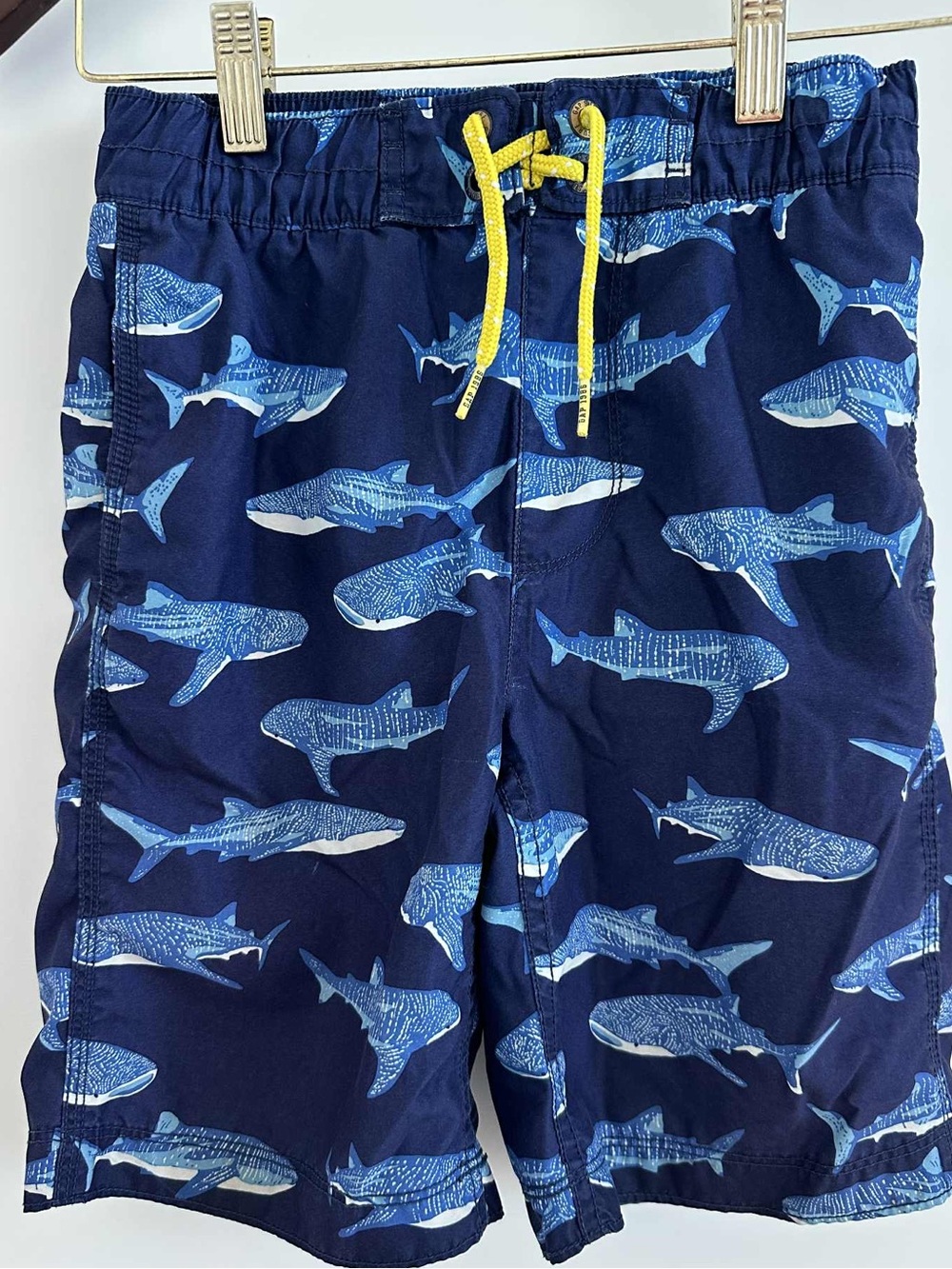 GAP Navy Shark Print Swim Shorts with Yellow Drawstring